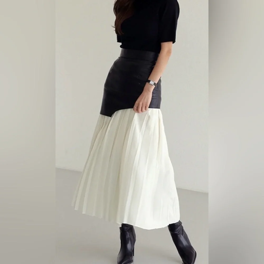 467. Commense Asymmetric Patchwork Faux Leather Chiffon Pleated Maxi Skirt M - Picture 3 of 10